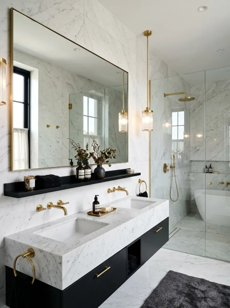 White marble bathroom with black shelves, polished brass accessories, and reflective glass details.