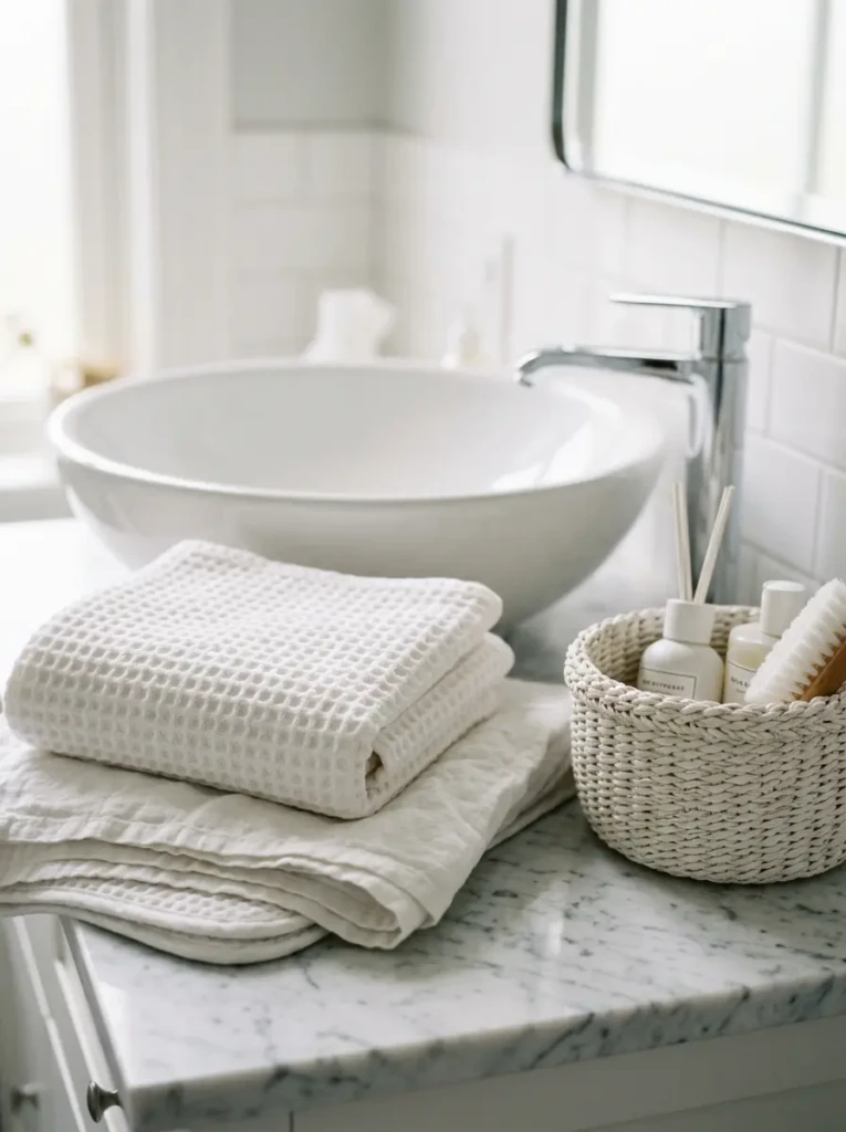 Close-up of white textures like waffle towels, marble countertop, and woven baskets.