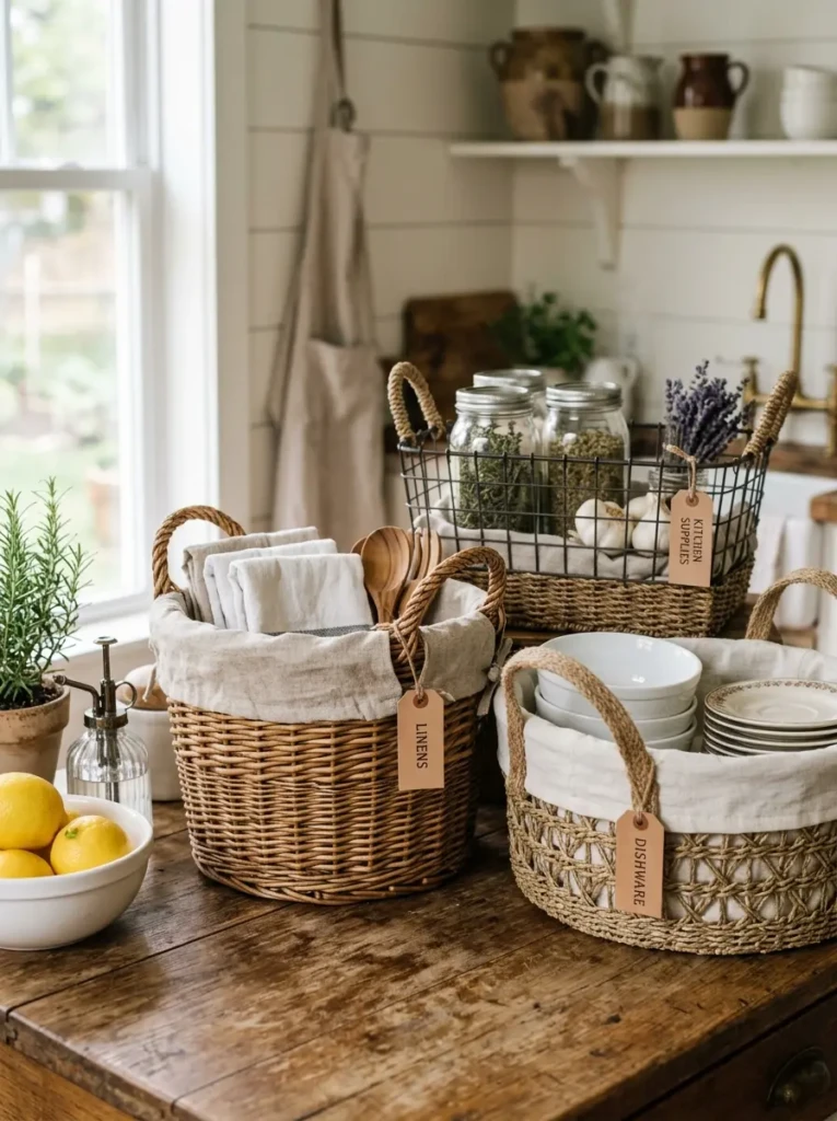Close-up of wicker, wire, and seagrass baskets with linen liners in a farmhouse kitchen.