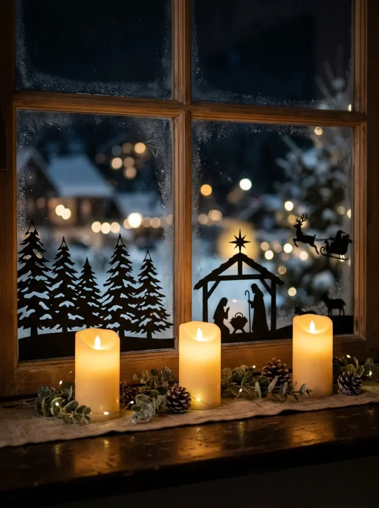 Close-up of a window decorated with LED candles and simple holiday silhouettes