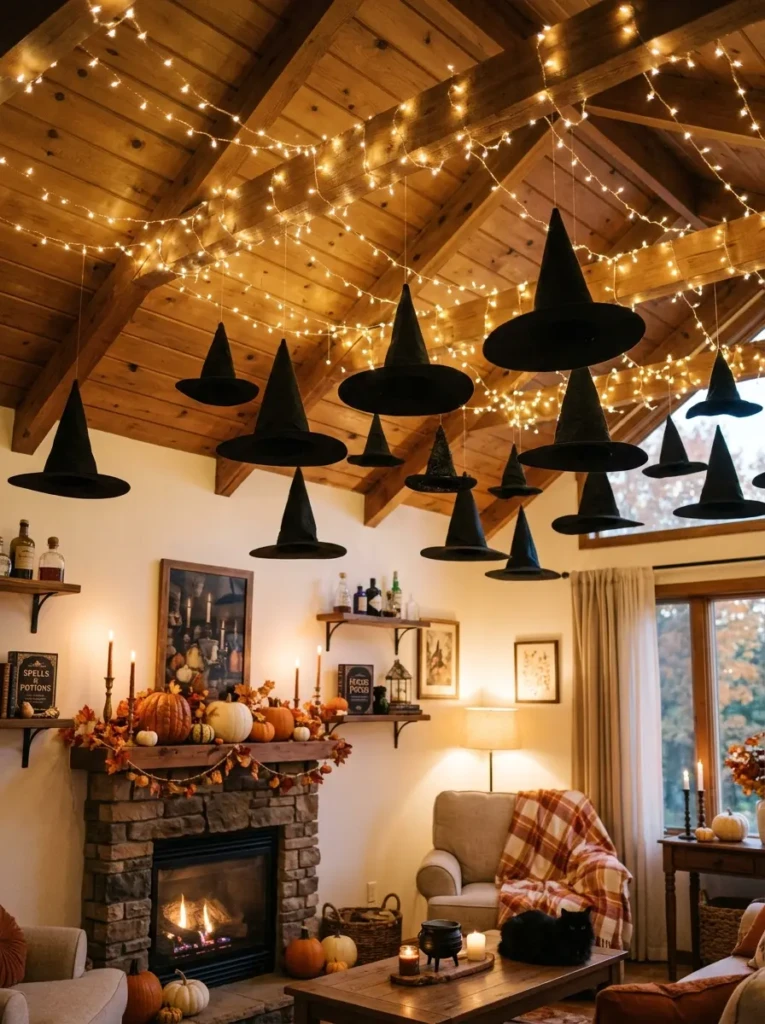 Black witch hats hanging from the ceiling with invisible strings and fairy lights, creating a magical Halloween effect
