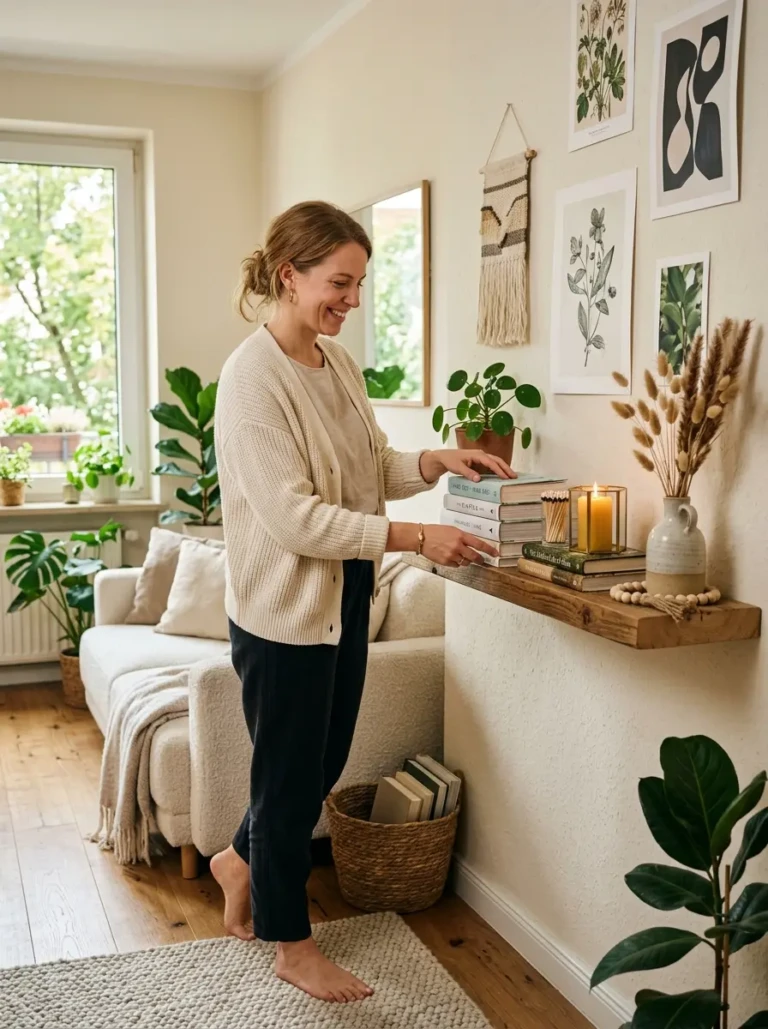 Woman arranging books and candle on a floating shelf in a bright, cozy apartment setting.