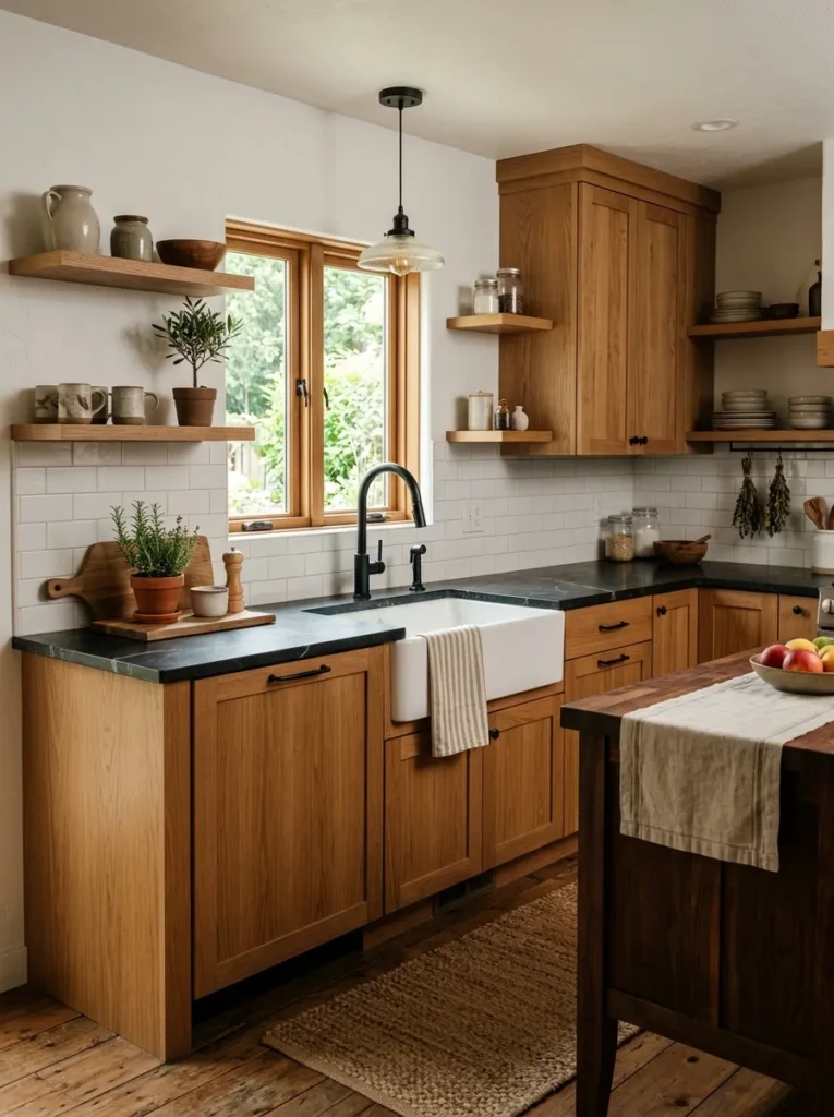 Natural wood cabinets paired with white walls, soapstone counters, black faucet, and neutral textiles.