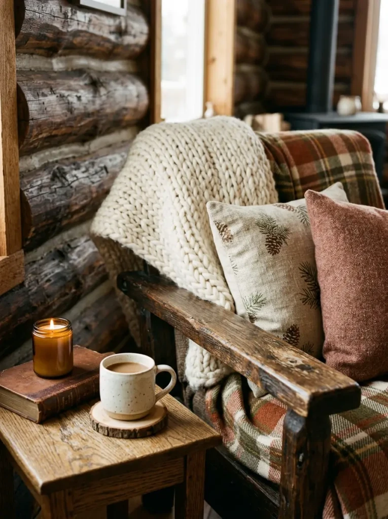 Close-up of rustic wood decor combined with soft fabrics on a fall mantle