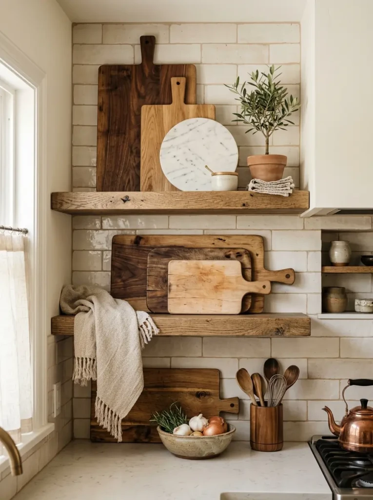 Layered oak and walnut cutting boards displayed on kitchen floating shelves with a linen towel nearby for warmth and texture.