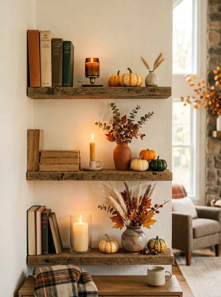 Rustic shelves decorated with candles, books, mini pumpkins, and vases in a warm autumn interior