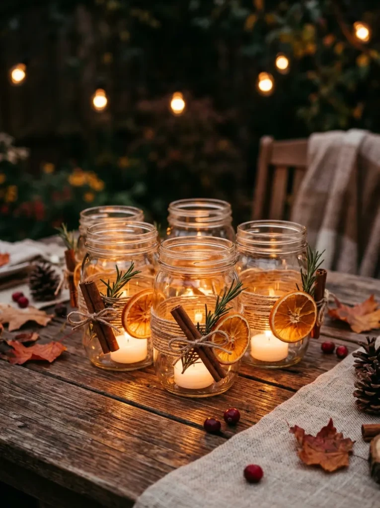 Grouped mason jars with glowing candles, twine, cinnamon sticks, and dried orange slices on a wooden table