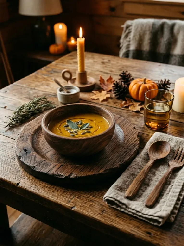 Close-up of a wooden autumn table featuring natural wood chargers, carved bowls, and visible grain textures in warm earthy tones.