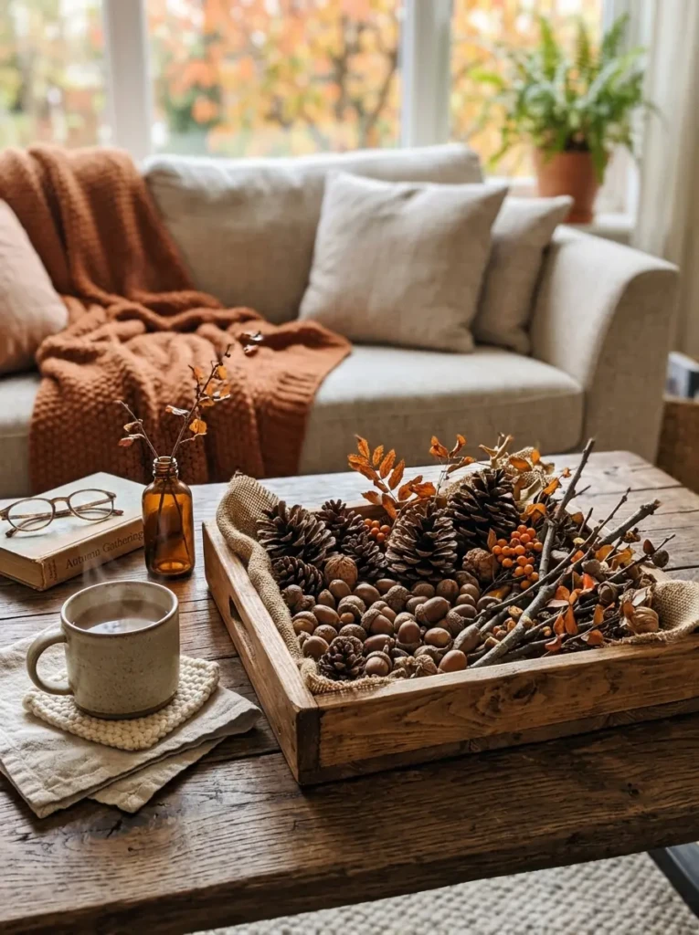 Wooden tray filled with pinecones, acorns, and branches arranged as simple rustic fall decor