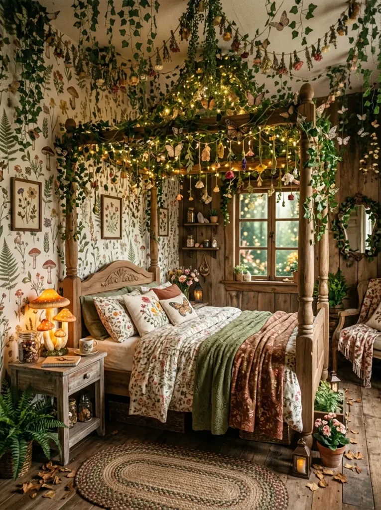 Fairy bedroom with ivy vines, butterflies, floral accents, botanical wallpaper, and wooden furniture.