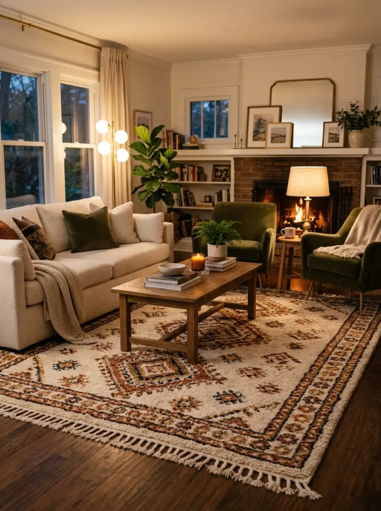 Soft wool living room rug highlighting comfort, texture, and durability.