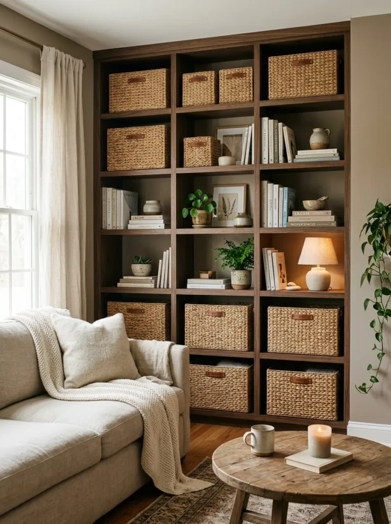 Woven storage boxes styled beautifully into long floating shelf decor in a neutral cozy room.