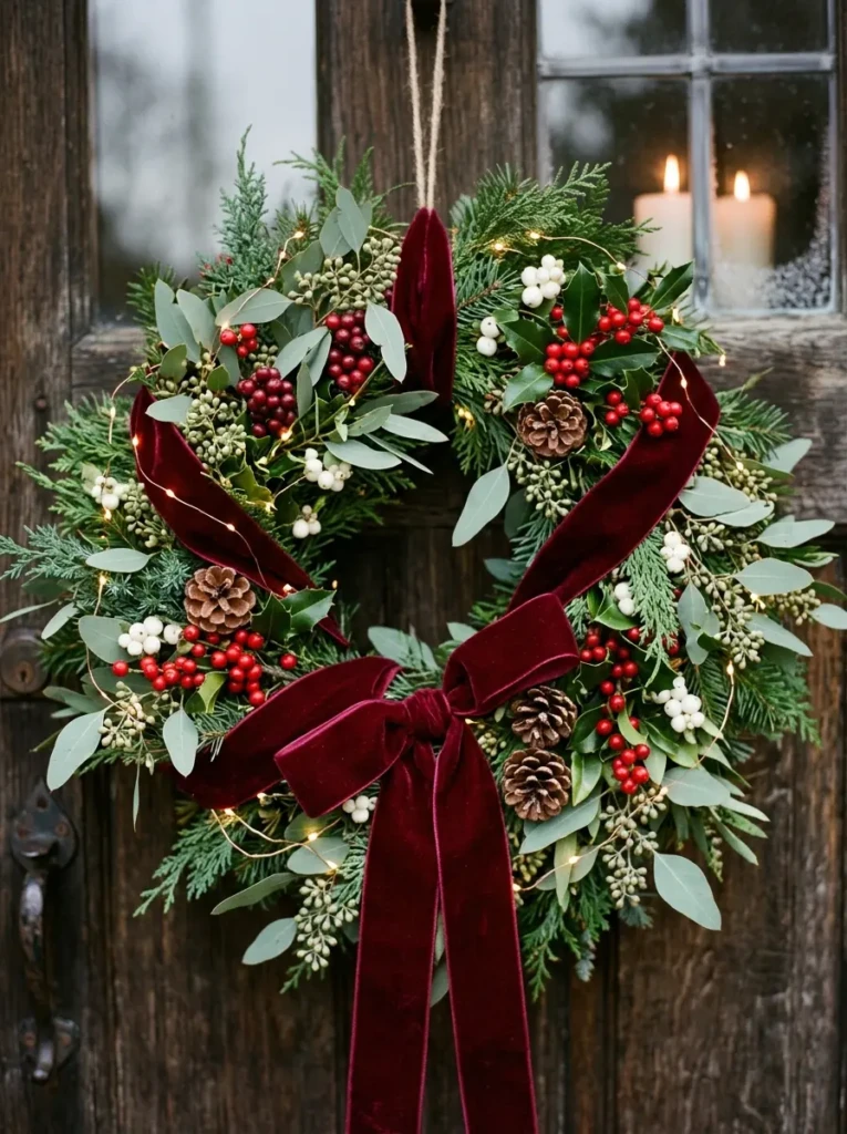 Close-up of a holiday wreath with eucalyptus, berries, and velvet ribbon softly lit with fairy lights