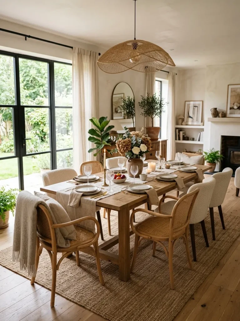 Elegant dining room with airy lighting, cozy textures, and beautifully styled dining furniture.