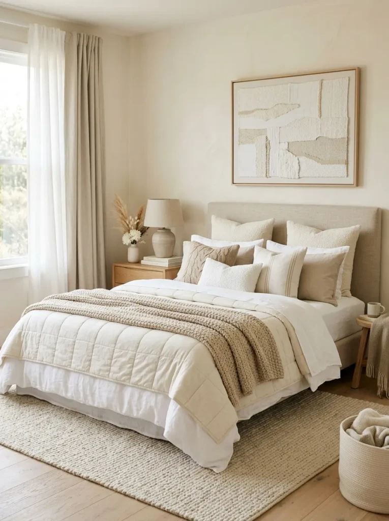 A bedroom styled with different shades of white, cream, and beige creating a soft and elegant layered look