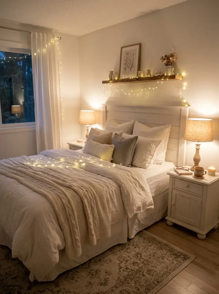 A cozy white bedroom illuminated by soft lamps and warm lighting creating a calm and relaxing evening mood