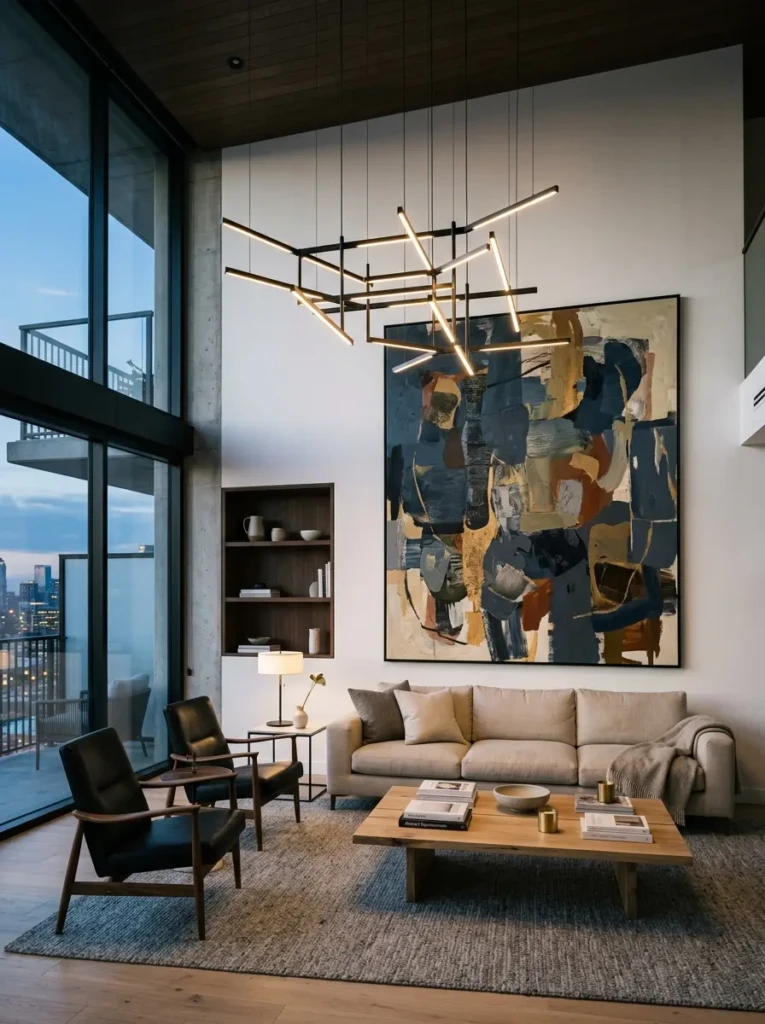 Oversized abstract wall art and statement pendant lighting in a modern minimalist apartment.