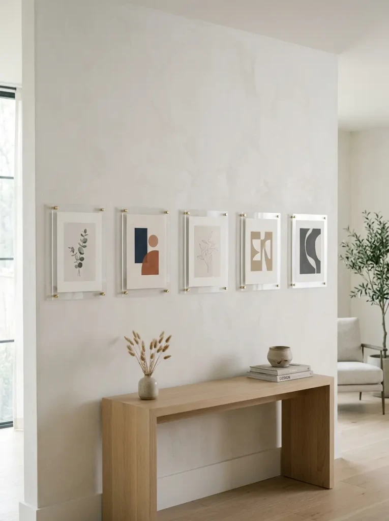 A clean wall with widely spaced acrylic frames holding album covers in a modern layout.