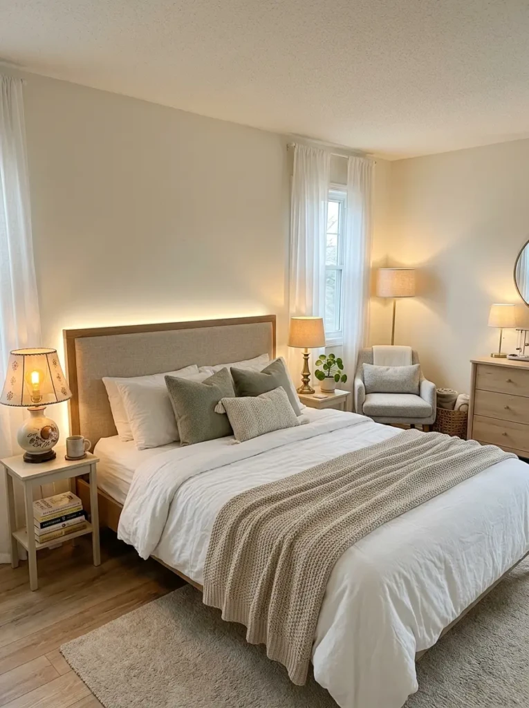 Stylish bedroom lighting setup with LED strips, warm bulbs, and cozy decor