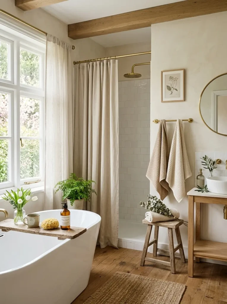 Bright bathroom with linen shower curtain, waffle towels, and soft neutral spring textures.