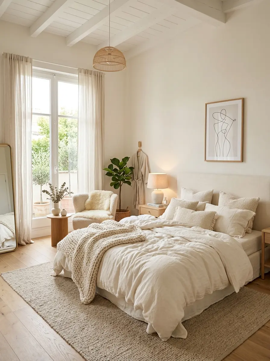 A soft neutral bedroom with fluffy bedding, airy curtains, natural sunlight, and calming cozy textures.