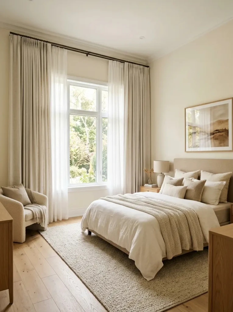 Airy bedroom with floor-length curtains hung high near the ceiling to make the room look taller.
