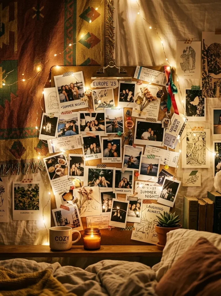 Close-up of overlapping album covers decorated with soft fairy lights and warm textures.
