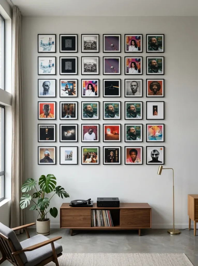 A neatly arranged grid of album covers in matching frames on a modern minimalist wall.