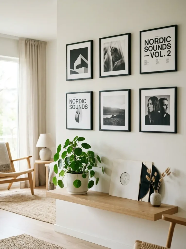 Black-and-white album covers displayed with wide spacing and a small indoor plant for contrast.