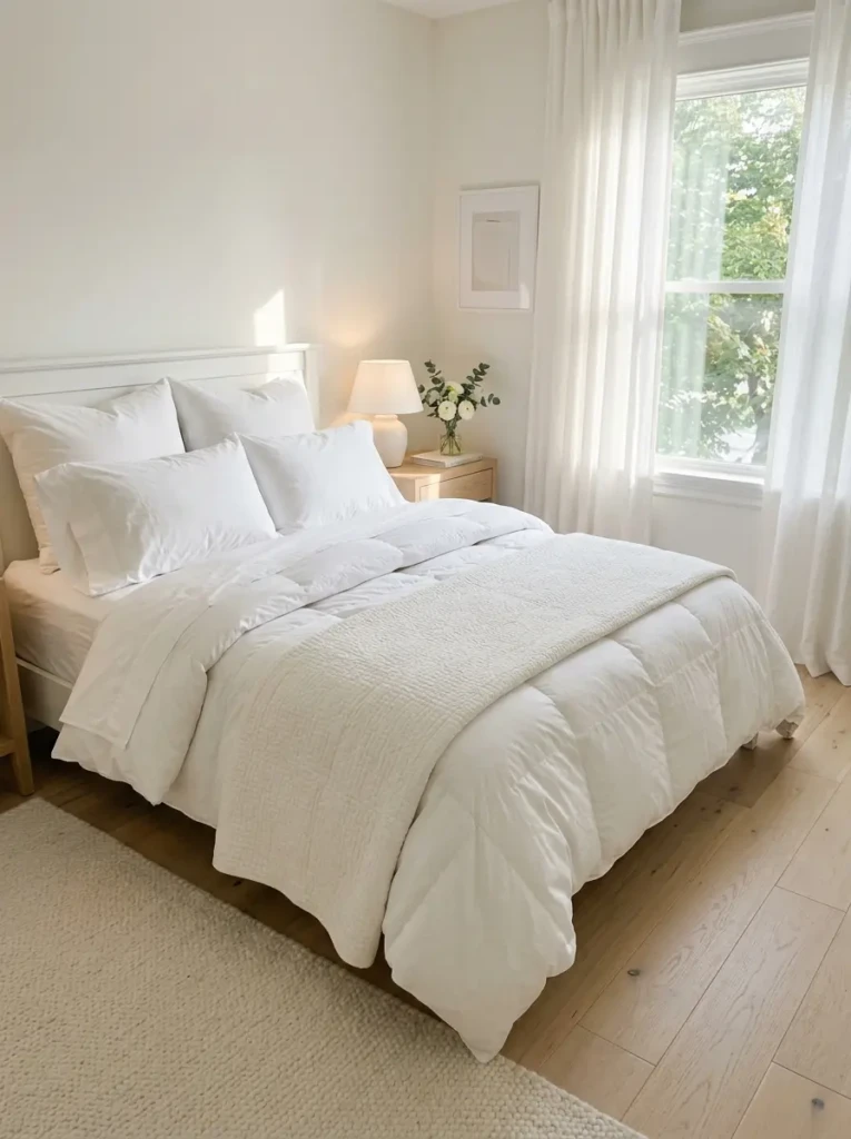 Airy white bedroom with fluffy duvet, crisp sheets, oversized pillows, ivory quilt, sheer curtains, and pale wood nightstand.