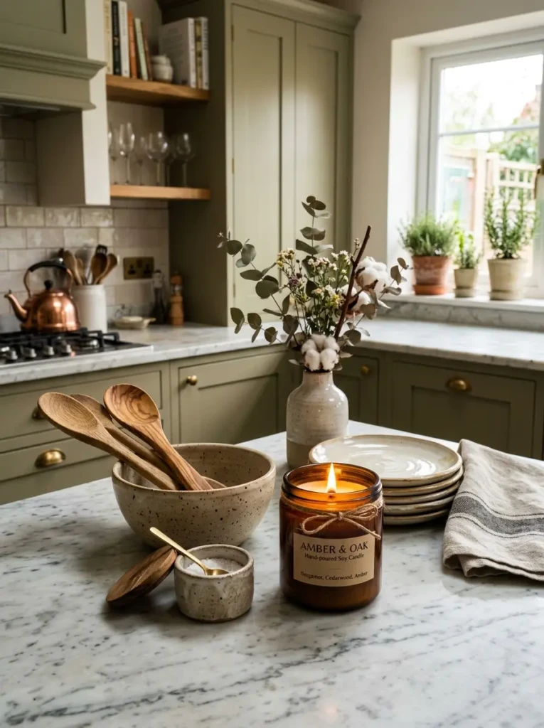 Amber glass candle styled with ceramic accessories on warm countertop