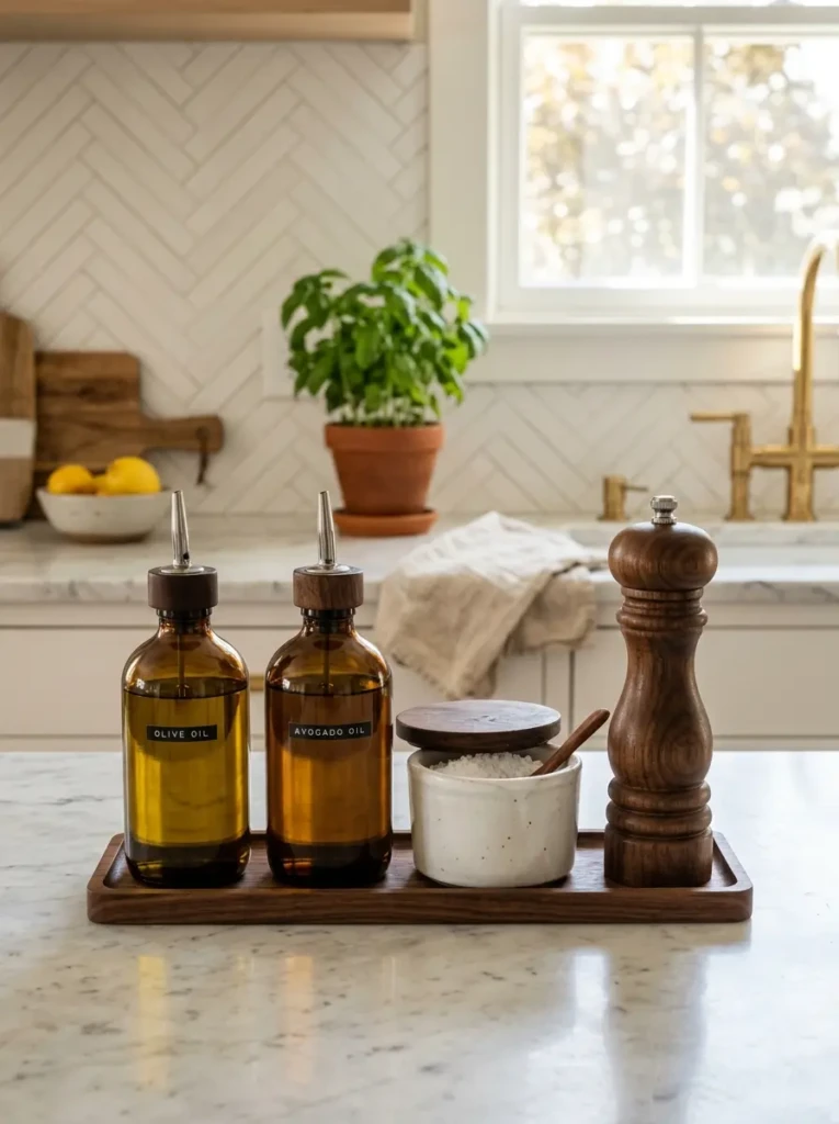 Amber glass dispensers and pepper grinder styled on modern kitchen counter