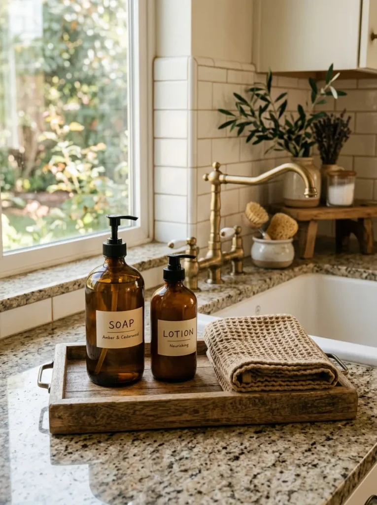 Amber soap bottles and textured towel styled on tray beside modern kitchen sink