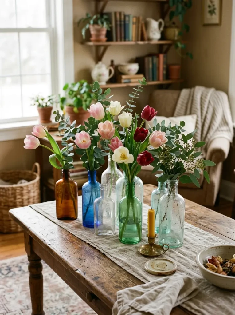 Mismatched vintage bottles filled with tulips and eucalyptus stems
