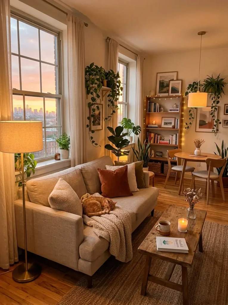 Cozy apartment with glowing lamps, greenery, and relaxing evening atmosphere