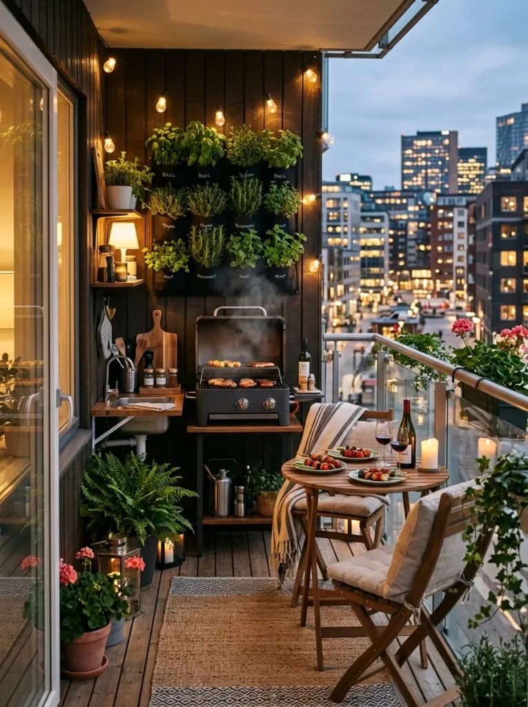 Small balcony transformed into a cozy outdoor kitchen with compact furniture and greenery.