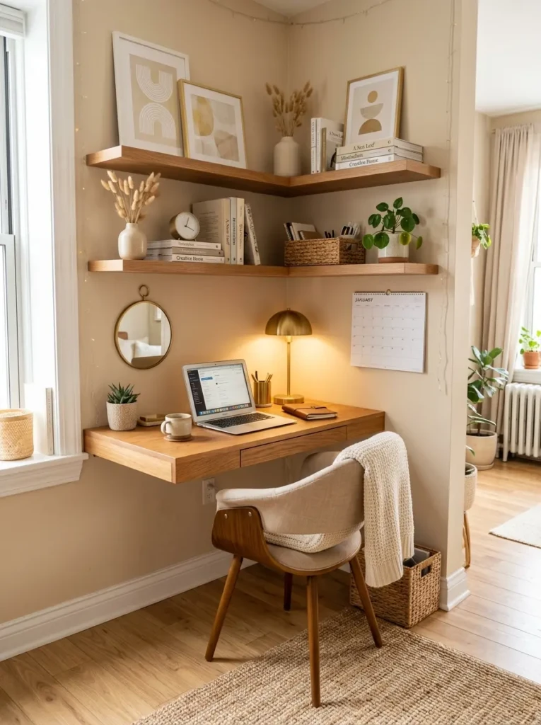 Compact workspace with floating shelves, warm decor, and stylish small desk