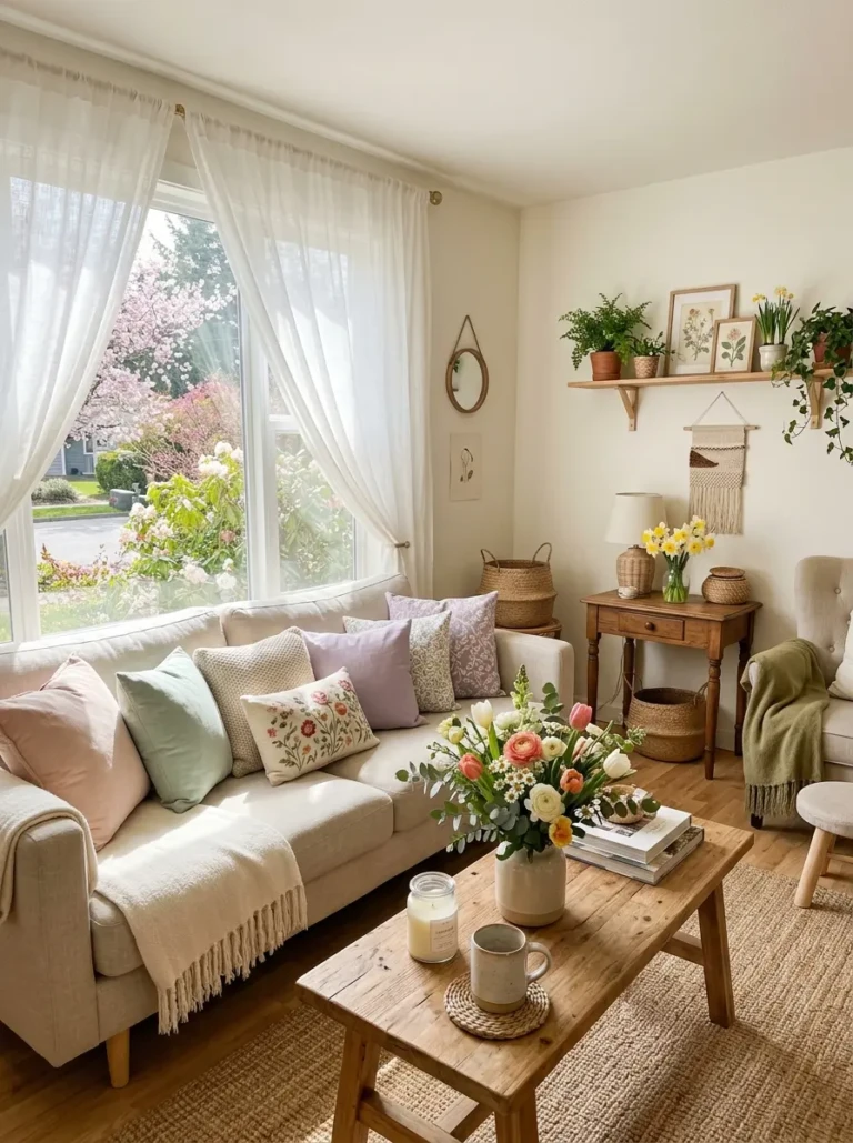 Cozy apartment decorated with soft spring florals, woven textures, and sheer white curtains