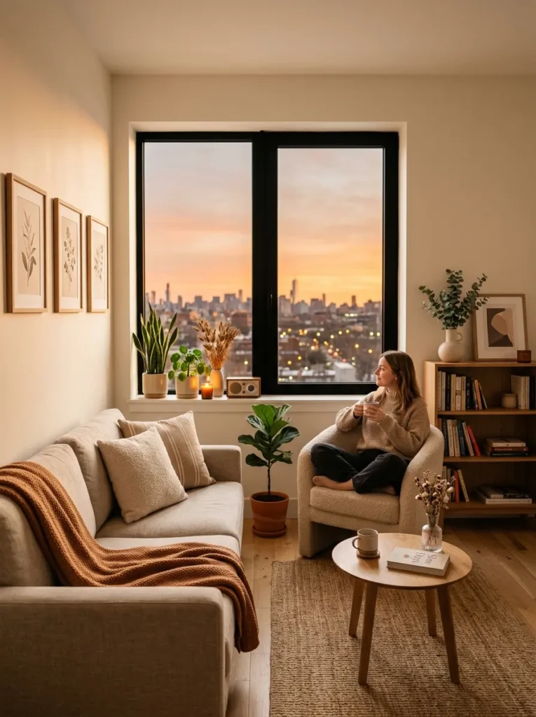 Warm minimalist apartment glowing at sunset with calm organized decor and relaxing atmosphere.
