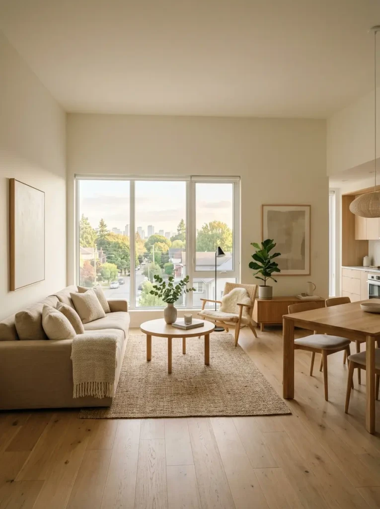 Uncluttered apartment interior with balanced decor, warm neutral tones, and calming minimalist layout.