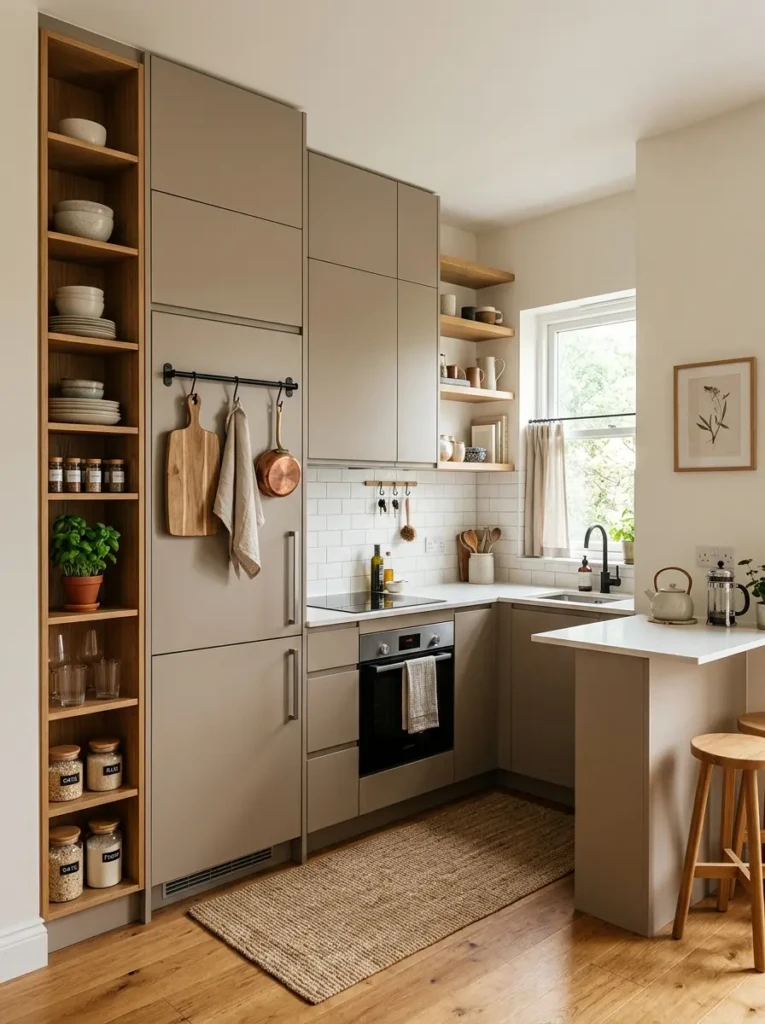 Compact apartment kitchen with tall cabinets, wall hooks, and organized shelving