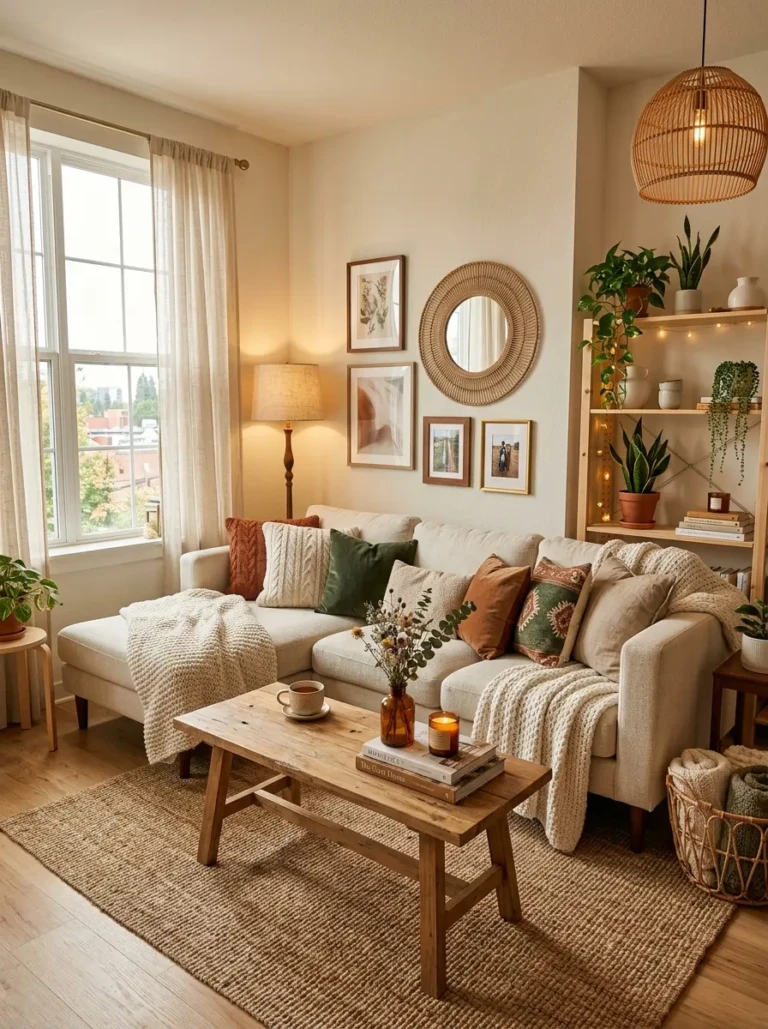 Stylish cozy apartment living room with soft textures, warm lighting, and natural wood accents.