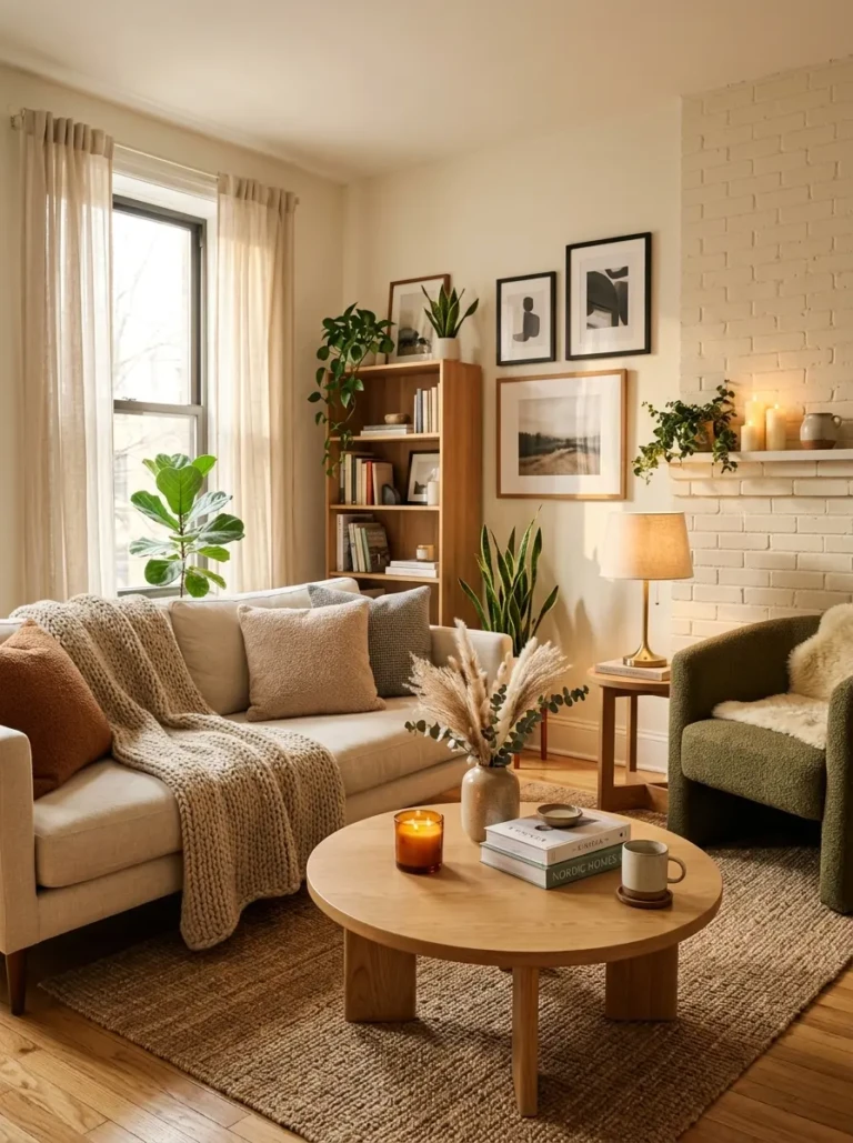 Cozy apartment living room with layered textures, candles, and airy modern decor.