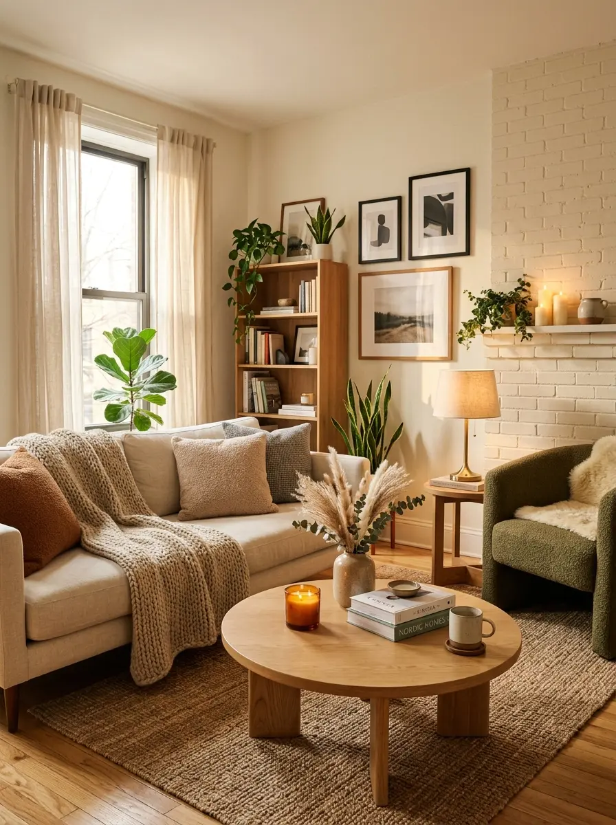 Cozy apartment living room with layered textures, candles, and airy modern decor.