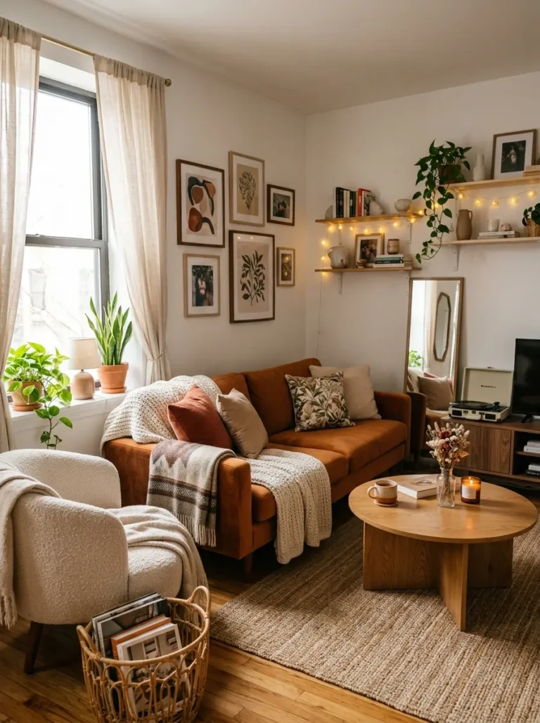 Stylish rental apartment with cozy furniture, soft sunlight, and elegant decor details.