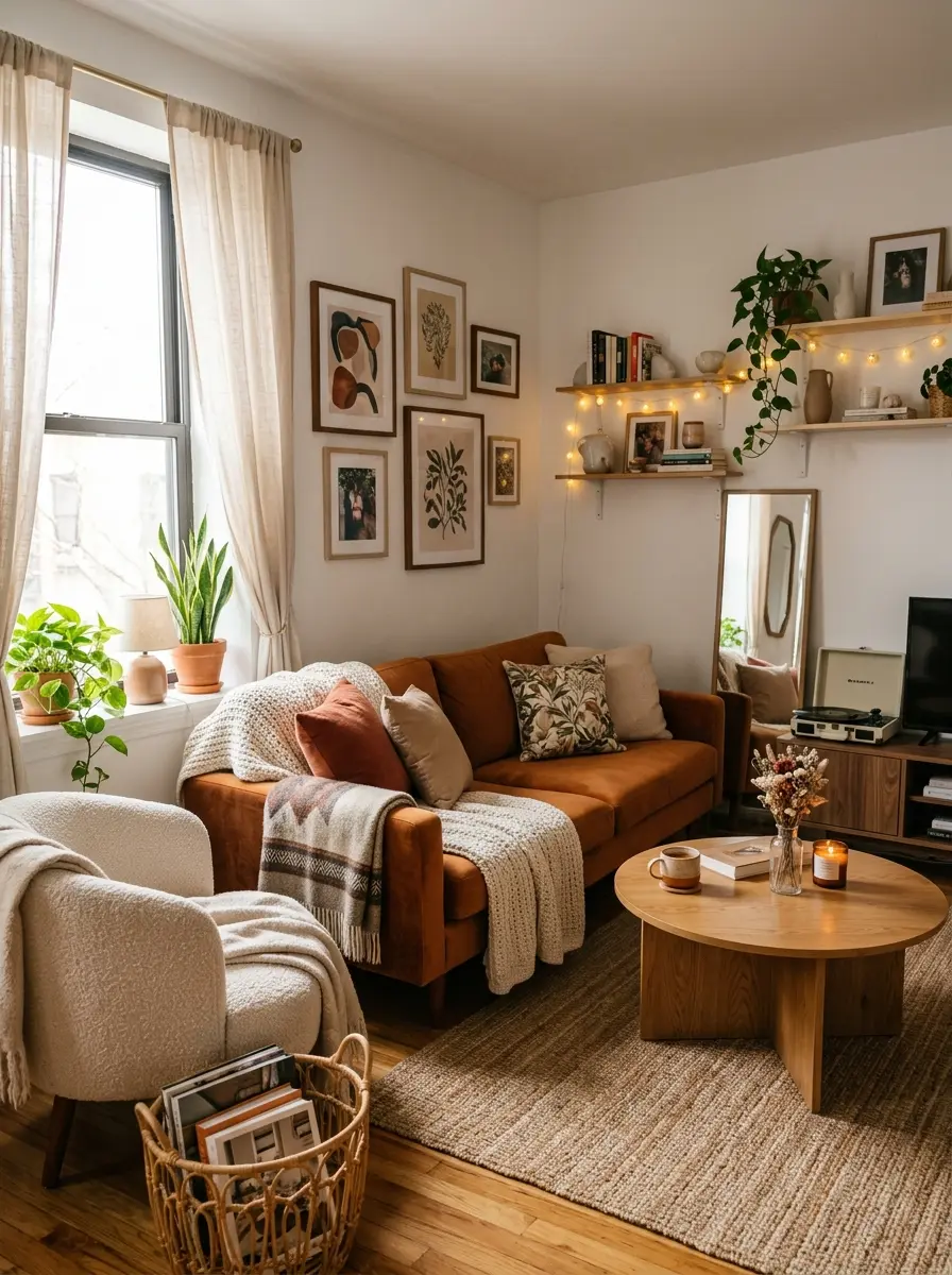 Stylish rental apartment with cozy furniture, soft sunlight, and elegant decor details.