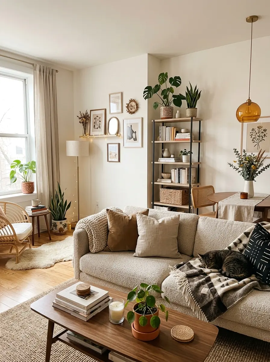 Modern small apartment with elegant organization, cozy decor accents, and warm minimalist atmosphere.