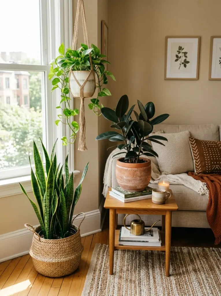 Snake plants and pothos in woven baskets inside a warm neutral apartment.