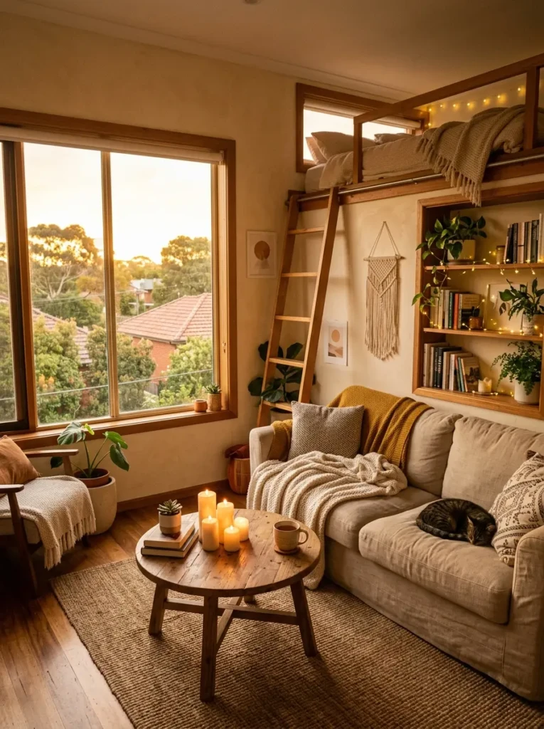 Warm small apartment at golden hour with candles, blankets, and cozy modern styling.