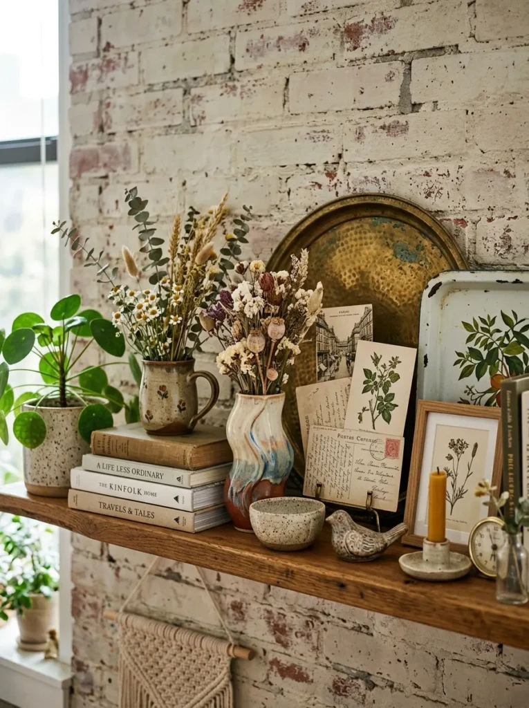 Cozy apartment shelf featuring handmade pottery, postcards, and vintage trays.